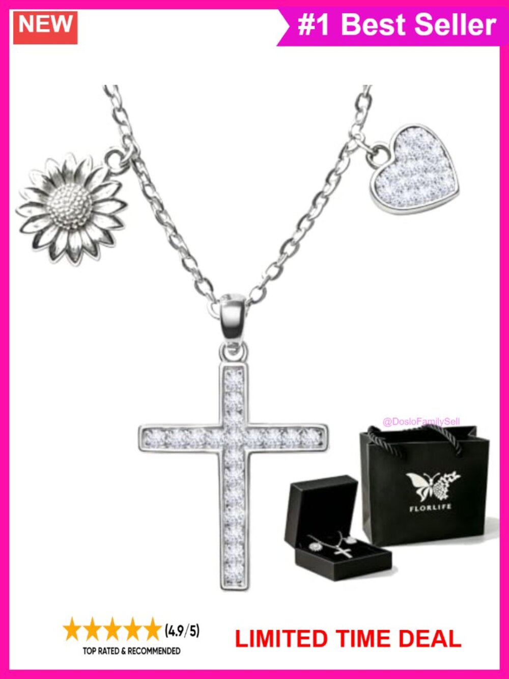 S925 Sterling Silver 18K White Gold Plated Cross Pendant Necklace